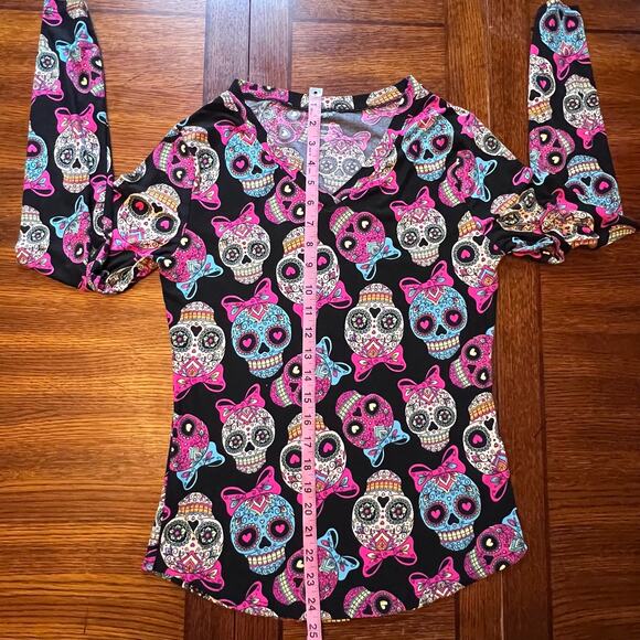 Women’s Junior Y2k Halloween Mexican Sugar Skull Colorful Super Soft Top Large - Picture 7 of 11